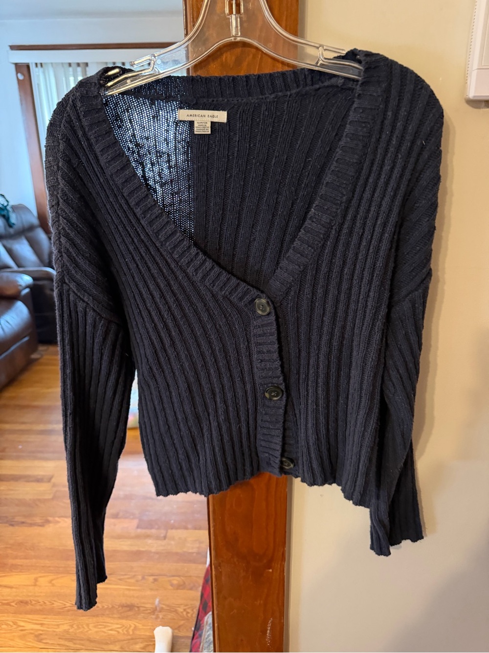 American Eagle Outfitters Navy Ribbed V-Neck Button-Front Cardigan